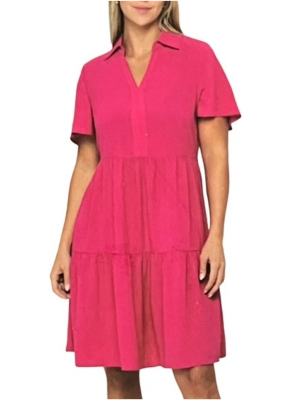 M • Tahari • Vibrant Pink Short-Sleeve Collared Tiered Mid Length Dress